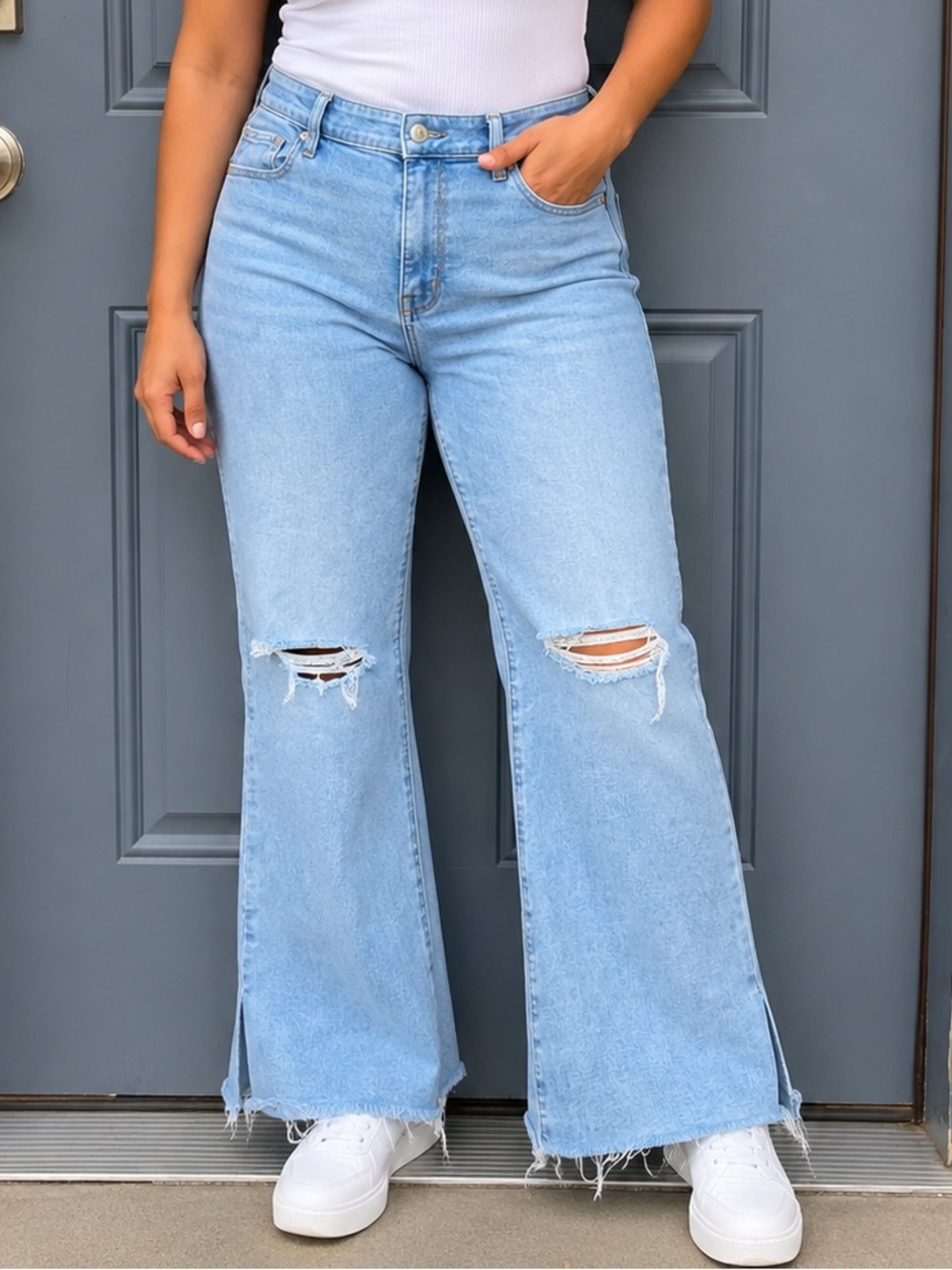 American Eagle Light Blue Distressed High-Waist Flare Jeans